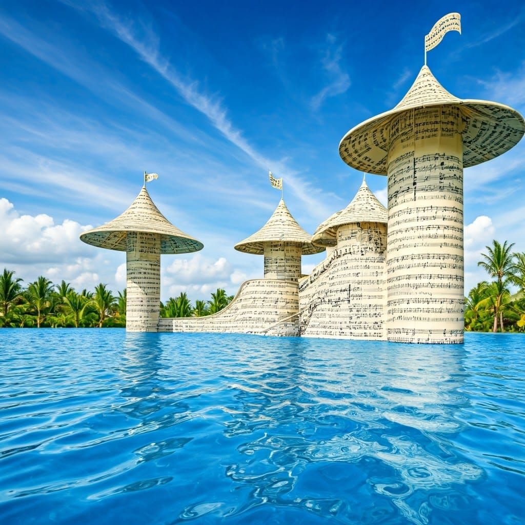 Musical Waterscape Crafted from Notes and Sheets