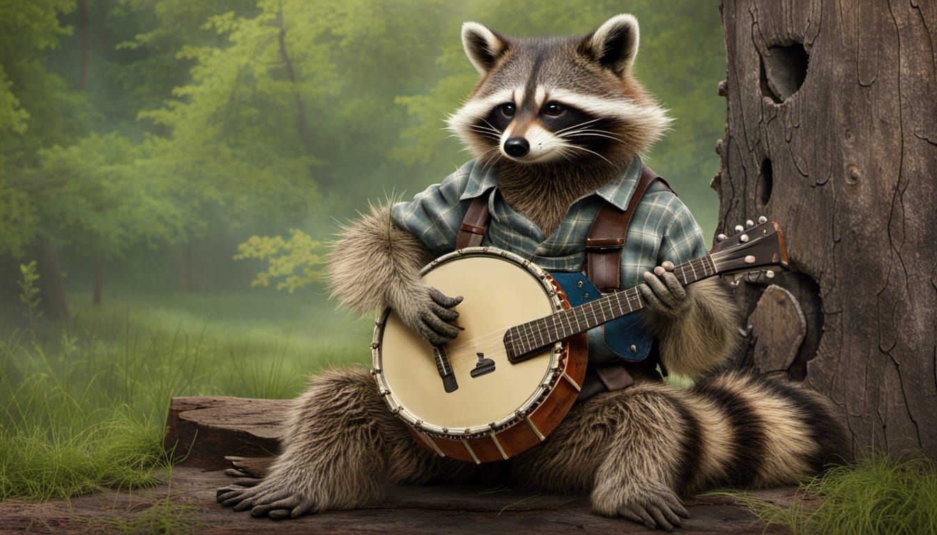 Hillbilly Raccoon Plays Banjo on Stump