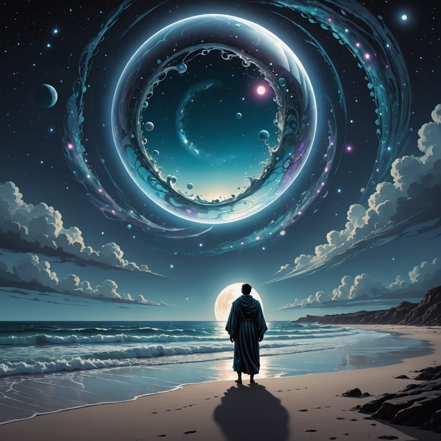 Cosmic Reflection: Figure Gazing at Galaxy on Beach