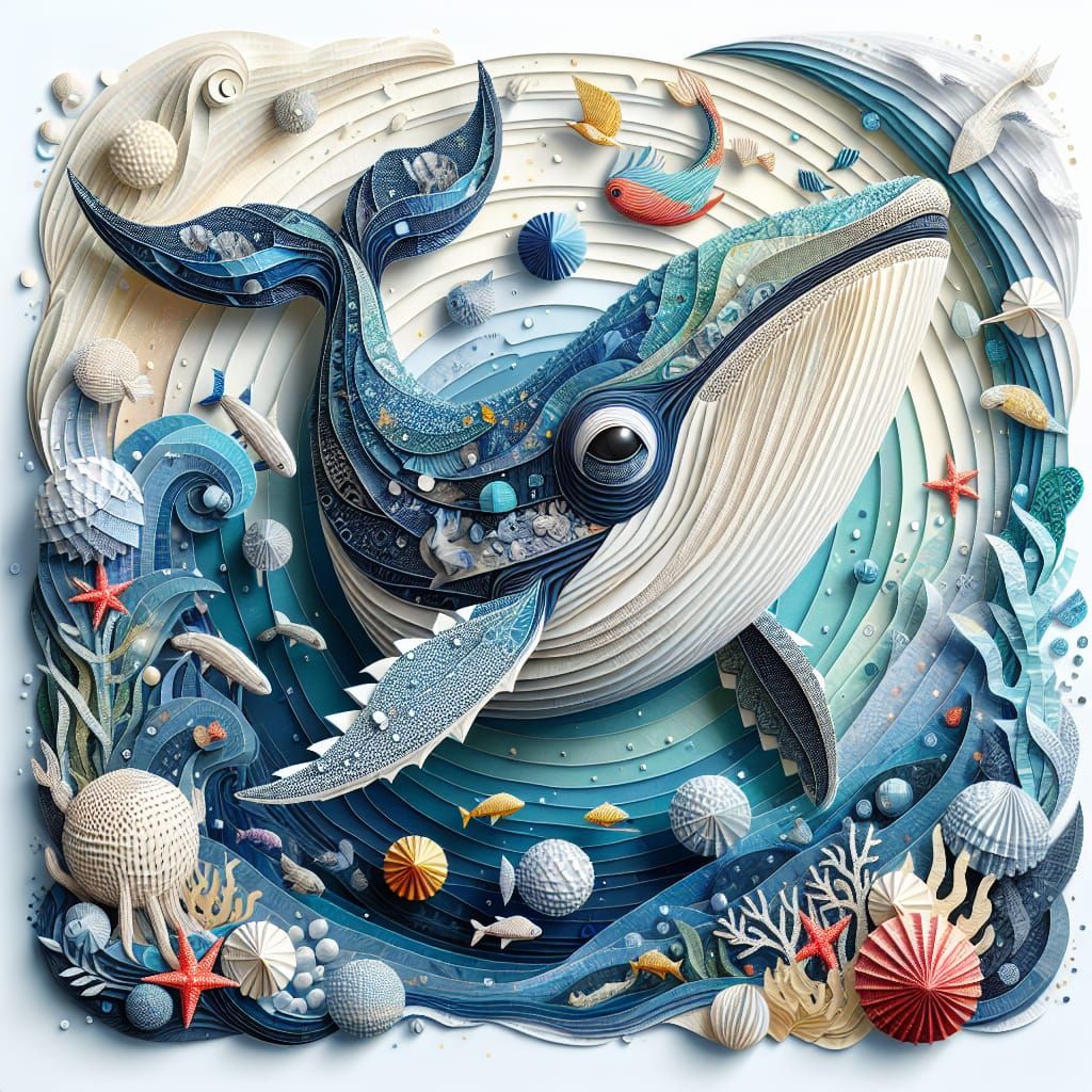 Delighted Origami Whale in Art Brut Sea