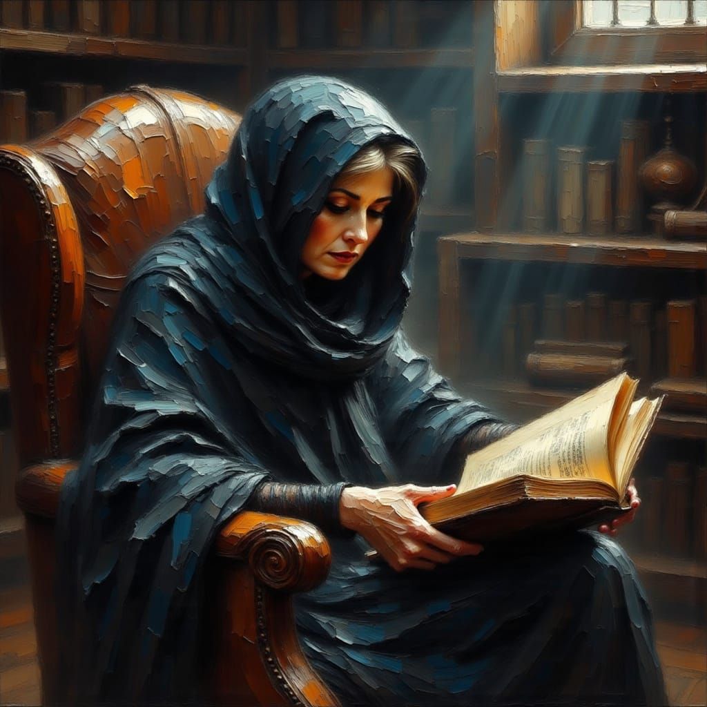 Elderly Sorceress Reading Ancient Book in Chiaroscuro Light