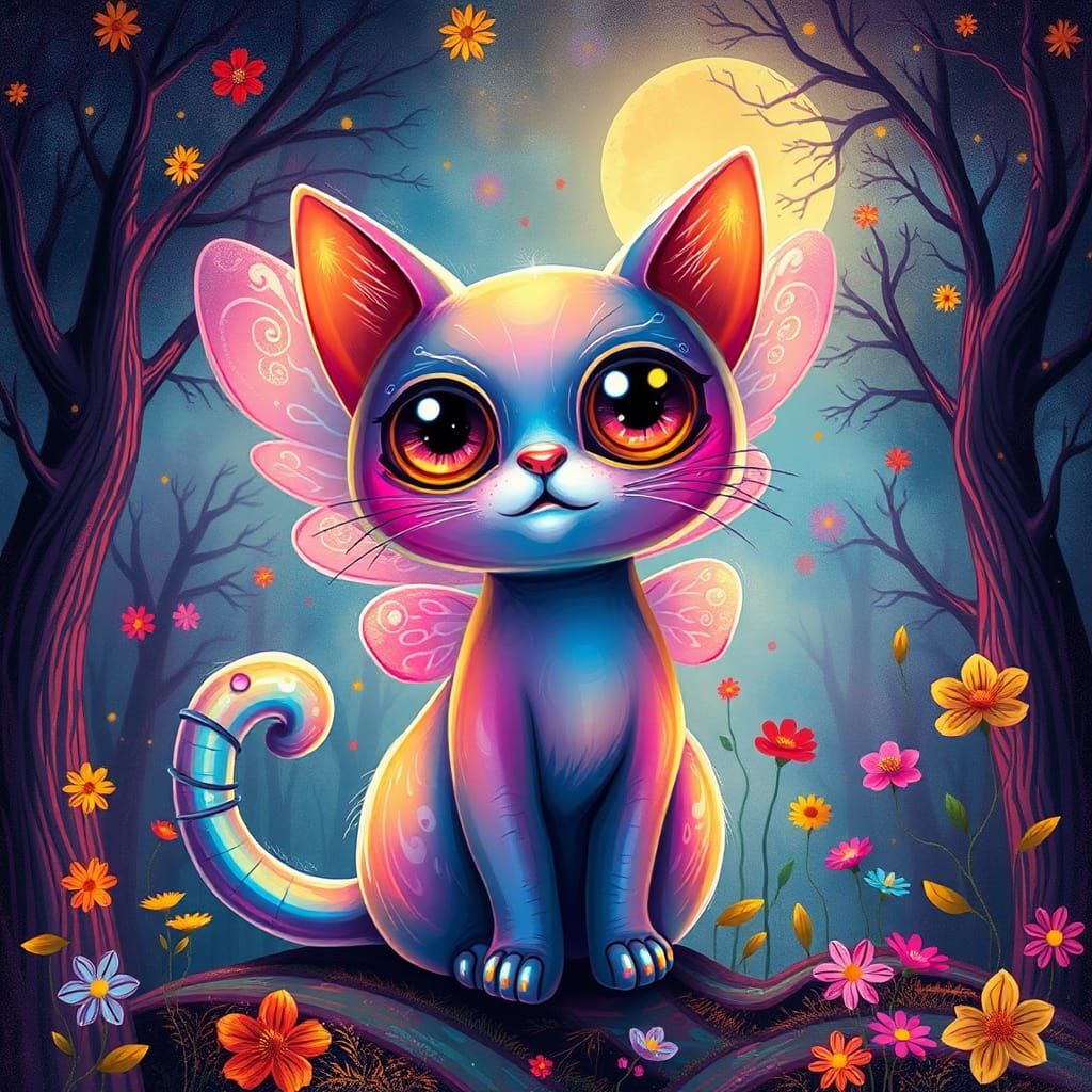 Iridescent Butterfly Cat in Dreamlike Landscape