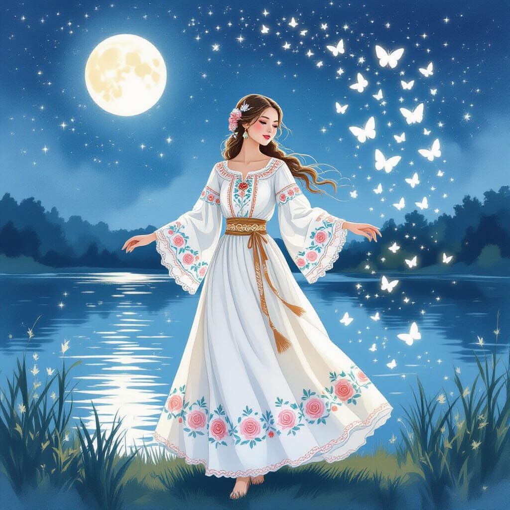 Woman in Ukrainian Dress by Lake, Watercolor Style