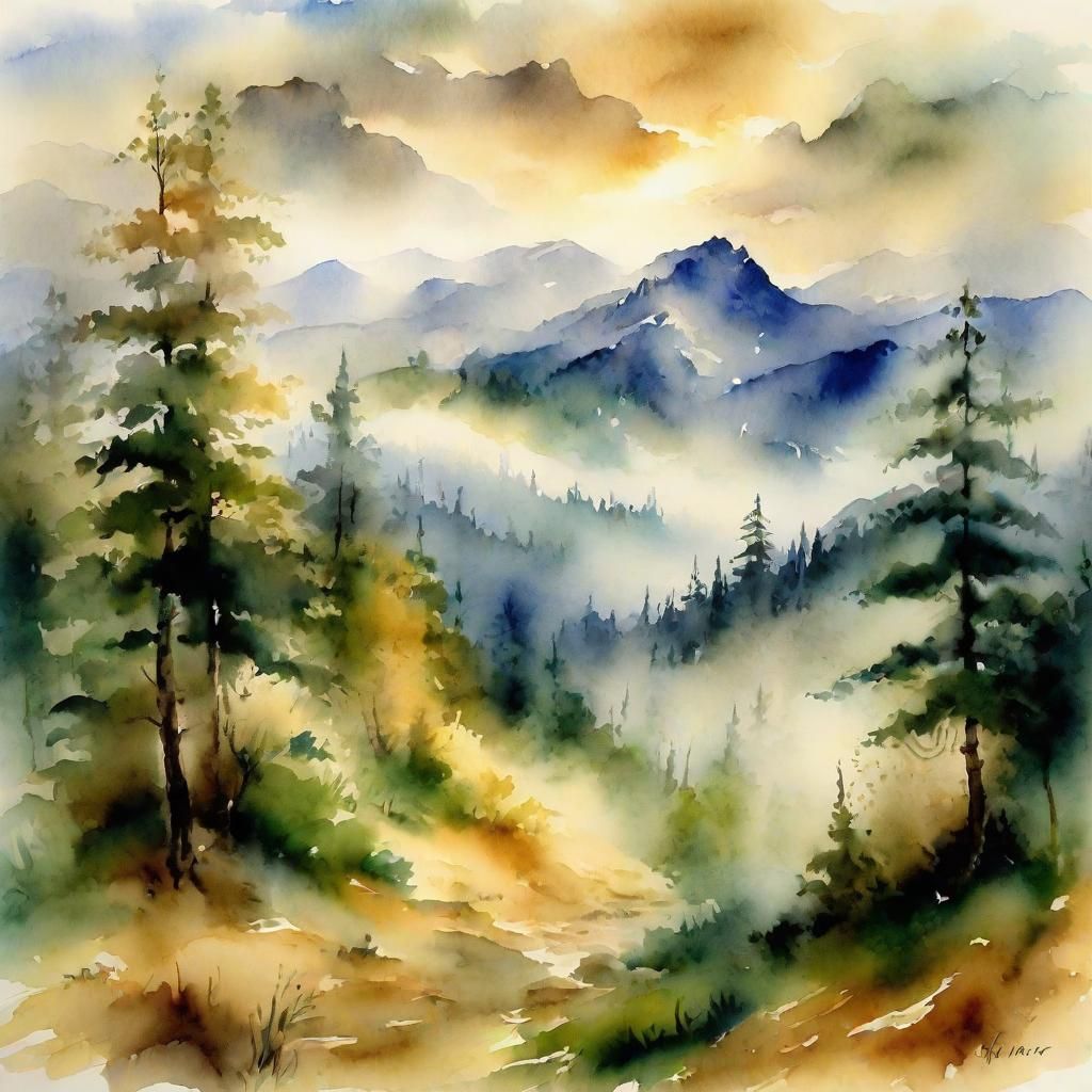 Serene Watercolor Masterpiece of a Foggy Forest