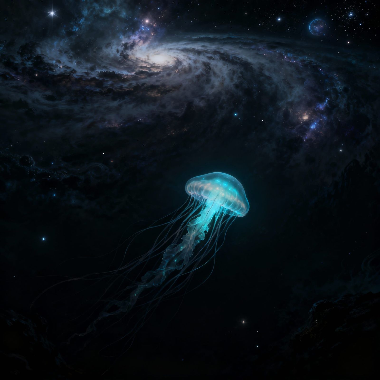 Cosmic Abyss with Bioluminescent Jellyfish