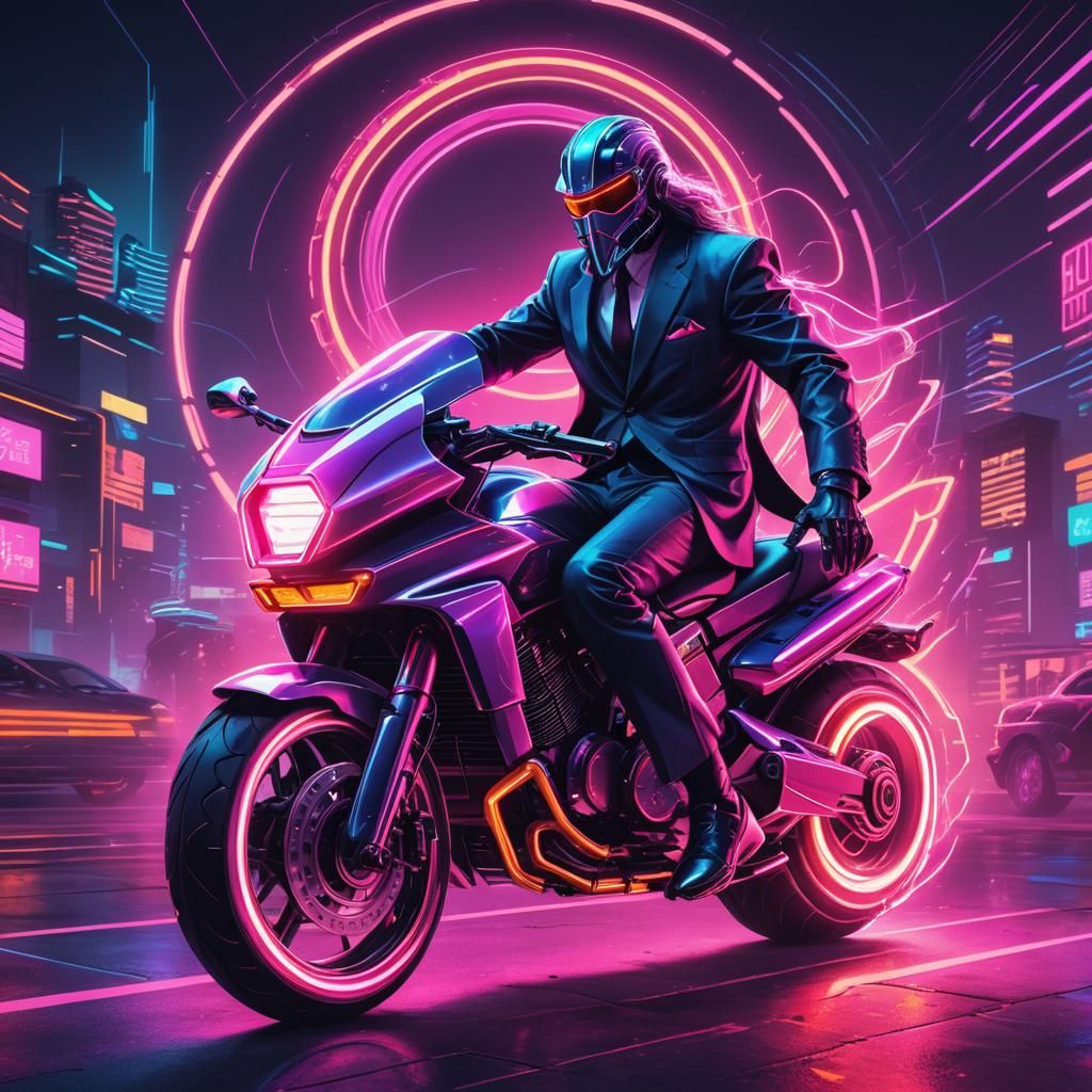 Wizard on Motorbike in Synthwave Neon Style