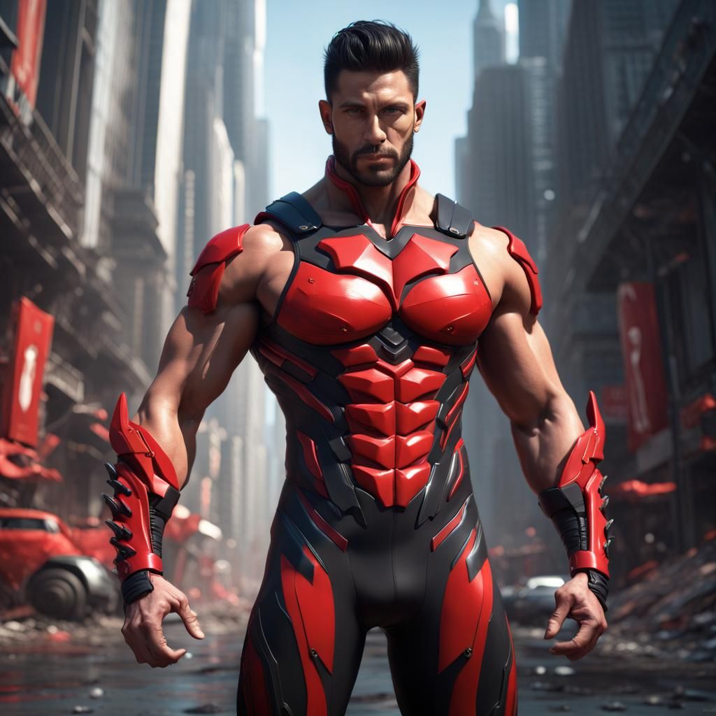 A handsome muscular man, wearing sleeveless tight suit, red with a touch of black, armed with daggers in hand, high tech...