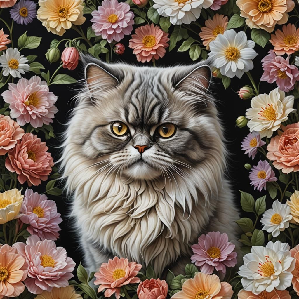 Persian Cat with Flowers in Photorealistic Style