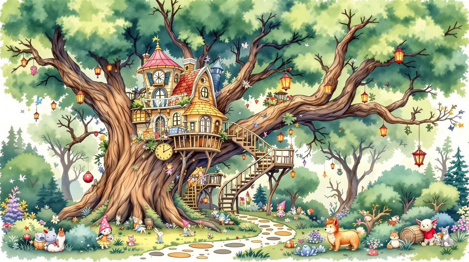 Enchanted Forest Treehouse in Watercolor Style