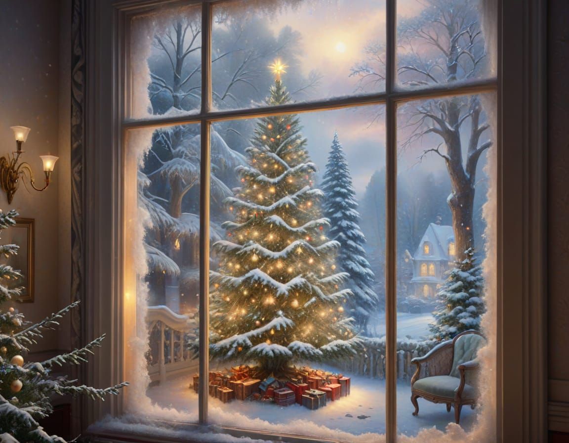 Victorian Parlor Christmas Scene Through Frosted Window