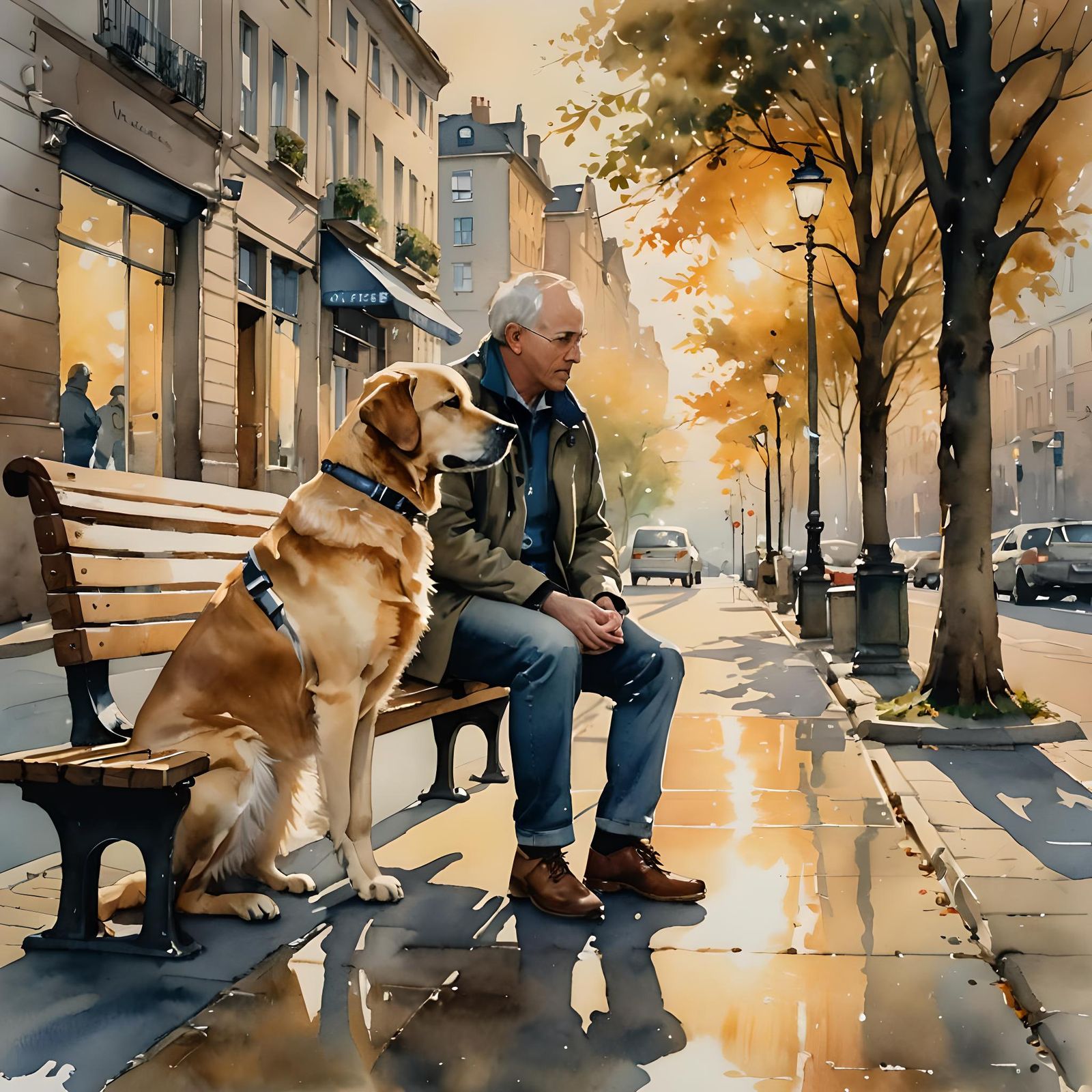 Tender Moment: Blind Man and Guide Dog in Watercolor