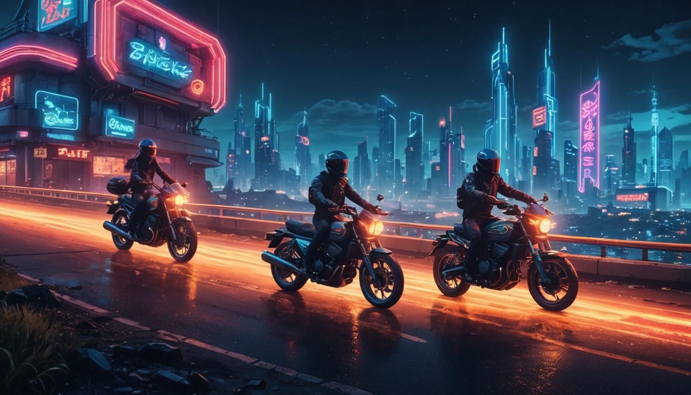 Cyberpunk Motorcyclists Adventure in Studio Ghibli Style