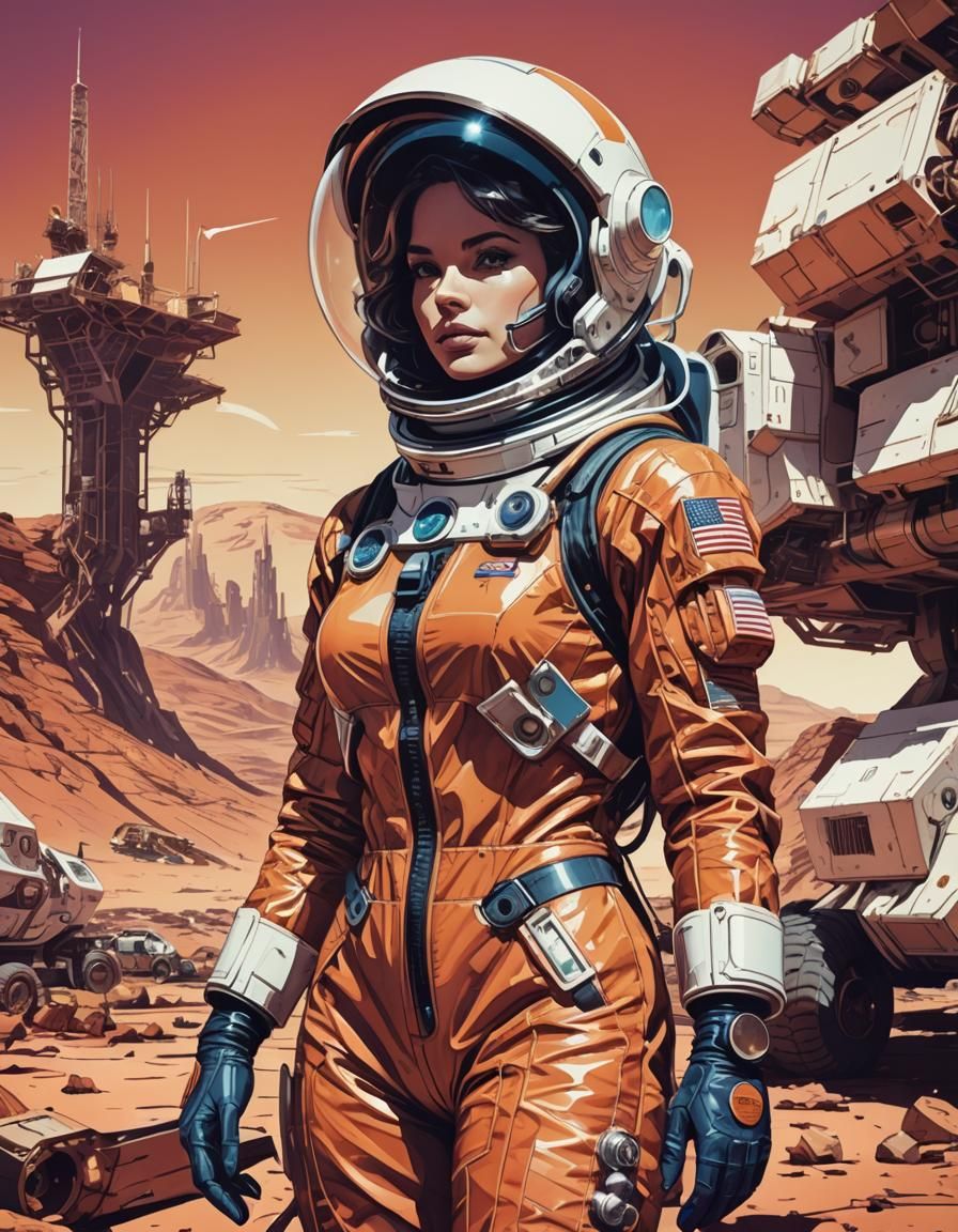 Retrofuturistic Mars Construction: Vibrant Ink Drawing