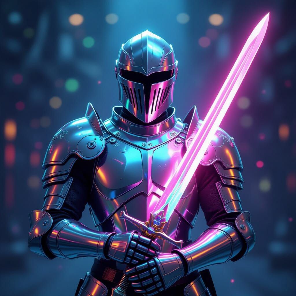 Futuristic Knight with Holographic Armor and Glowing Sword