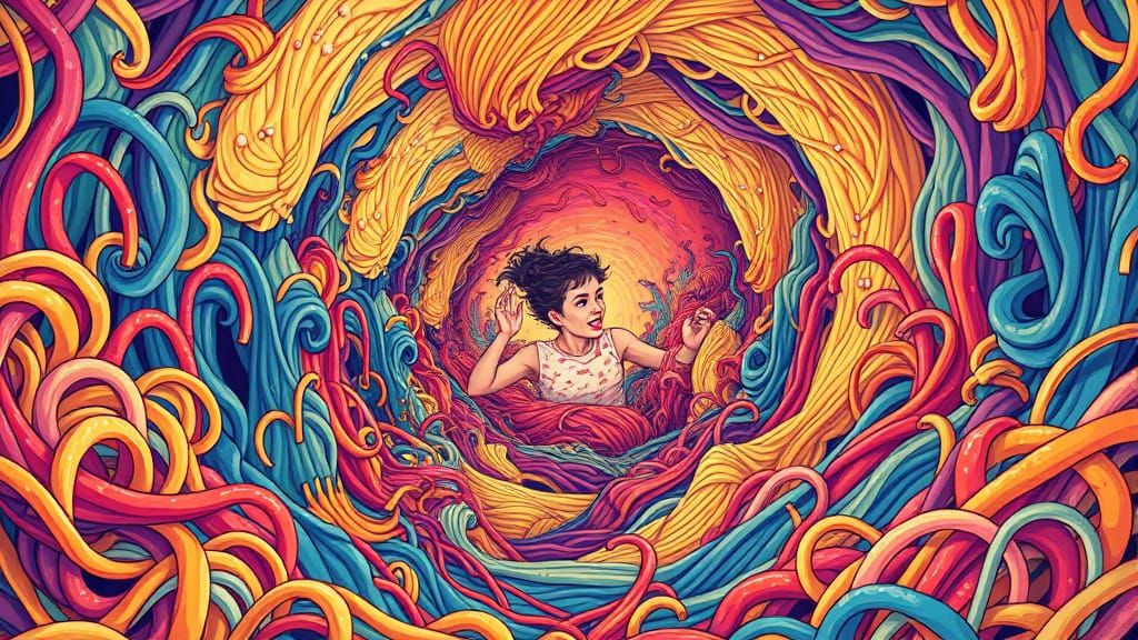 Vibrant Noodle Vortex in Whimsical, Psychedelic Style