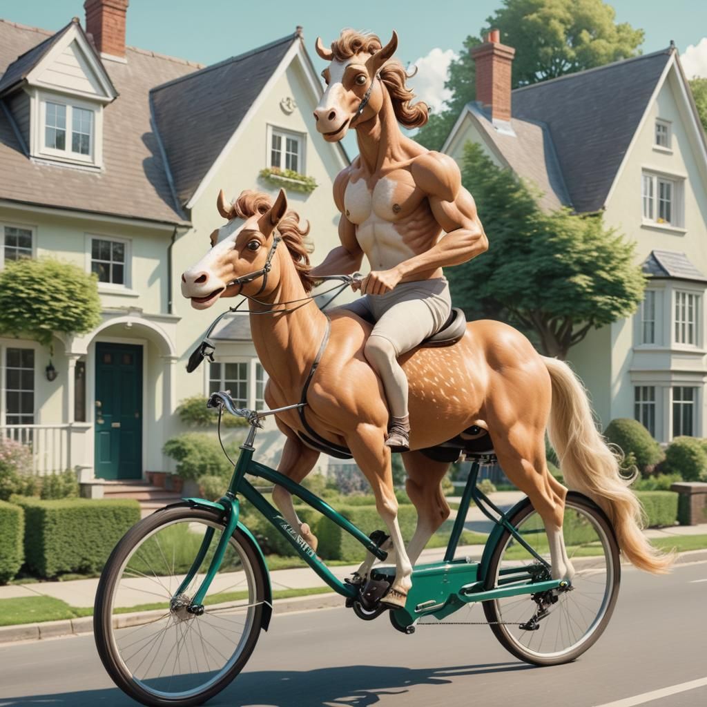 Surprised Centaur Rides Tandem Bicycle