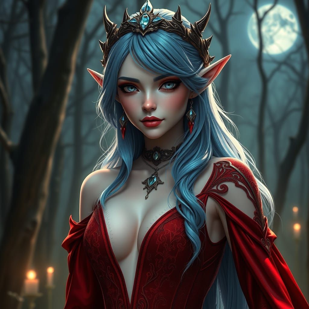 Elven Sorceress in Moonlit Forest, 3D Anime Art