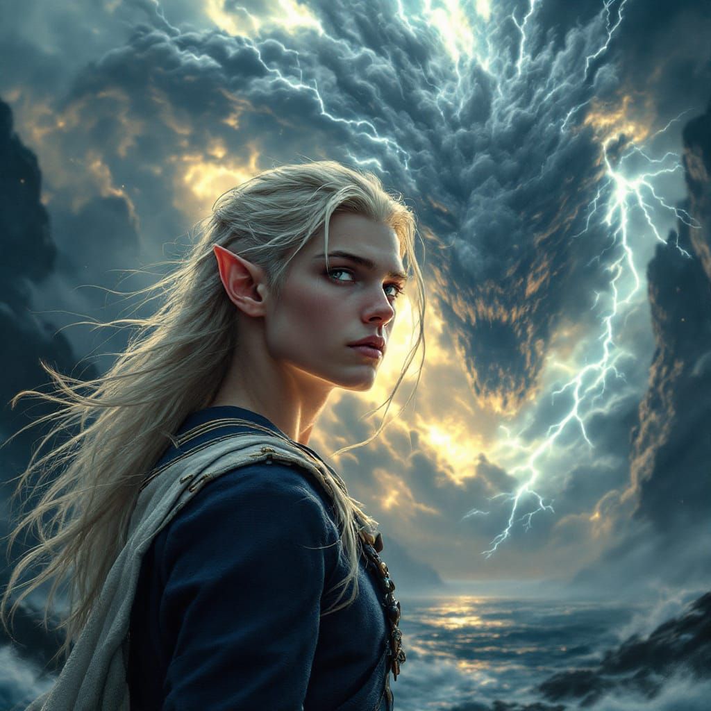 Elf Warrior Battles Lightning Cloud Monster