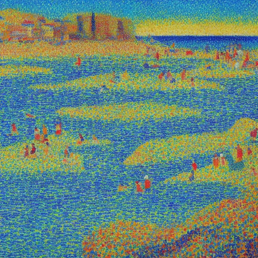 Mediterranean Beach Scene in Pointillist Style