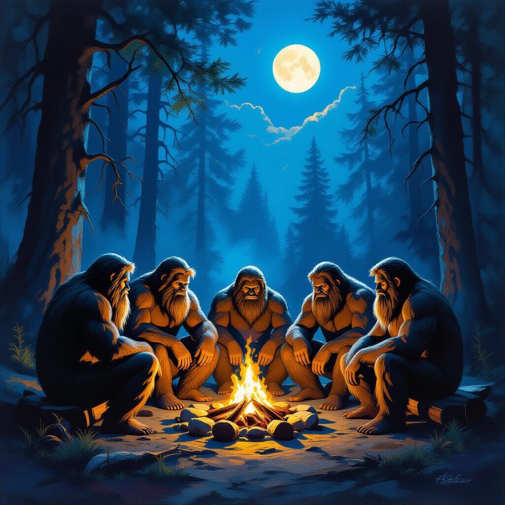 Bigfoot Family Around Campfire in Moonlit Forest