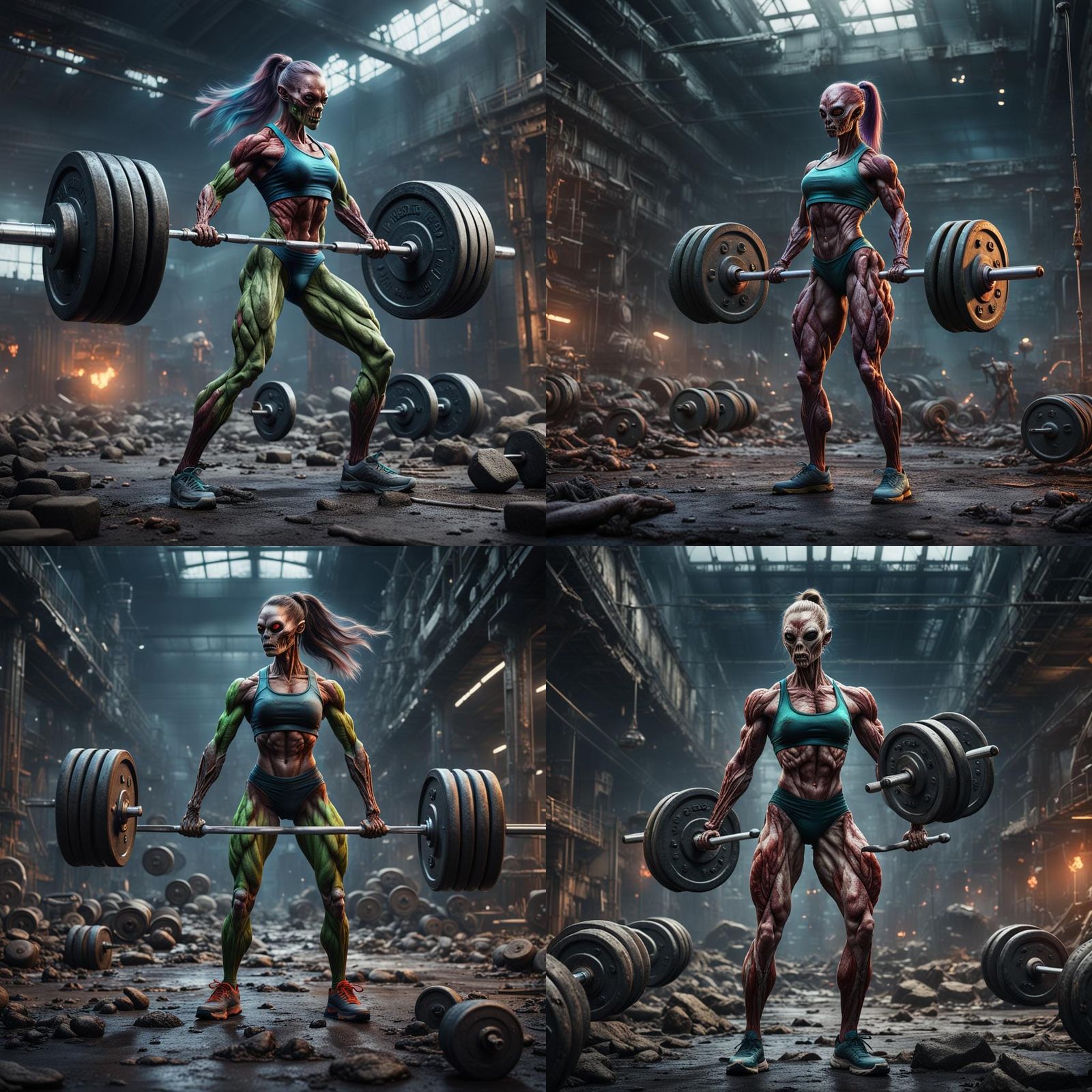 Muscular Alien Woman Lifting Weights in Apocalyptic Scene