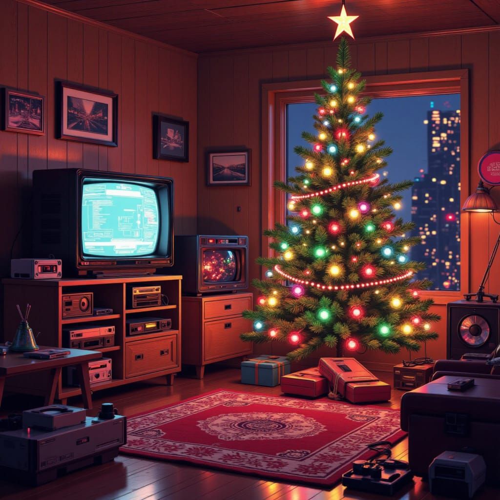 Cozy 1980s Living Room Christmas Scene