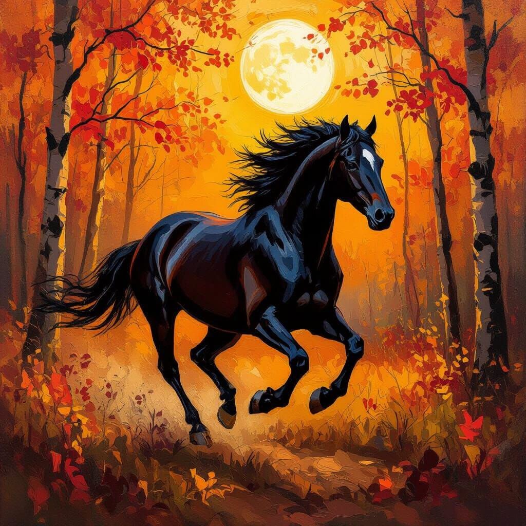 Stallion Runs Through Autumn Forest as Oil Painting
