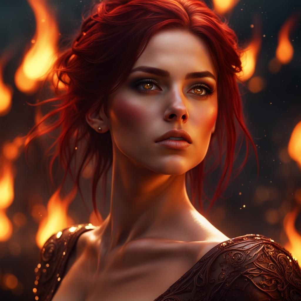 Girl with Amber Eyes Floating in Flames