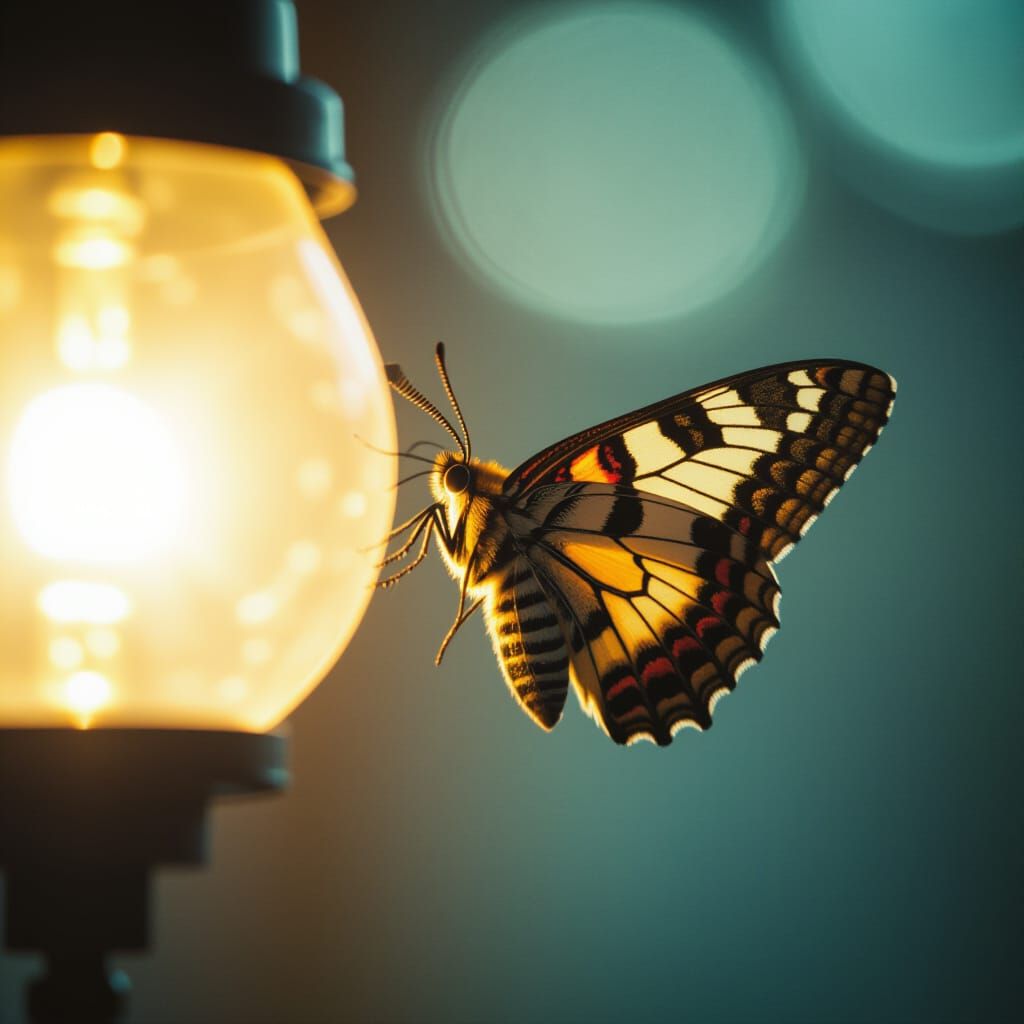 Moth Around Light: Cinematic Film Still