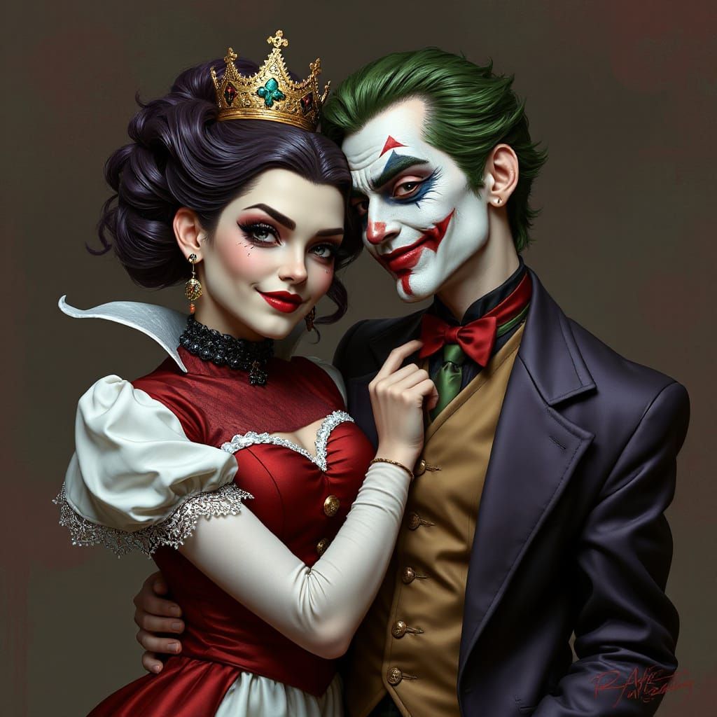 Queen of Hearts and Joker Couple Pose in Airbrush Style