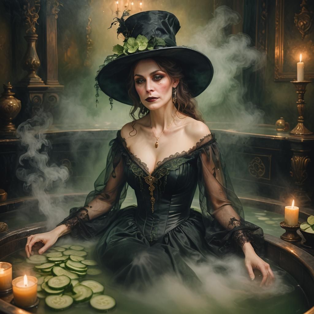 Victorian Witch in Hot Tub: Ethereal Oil Painting