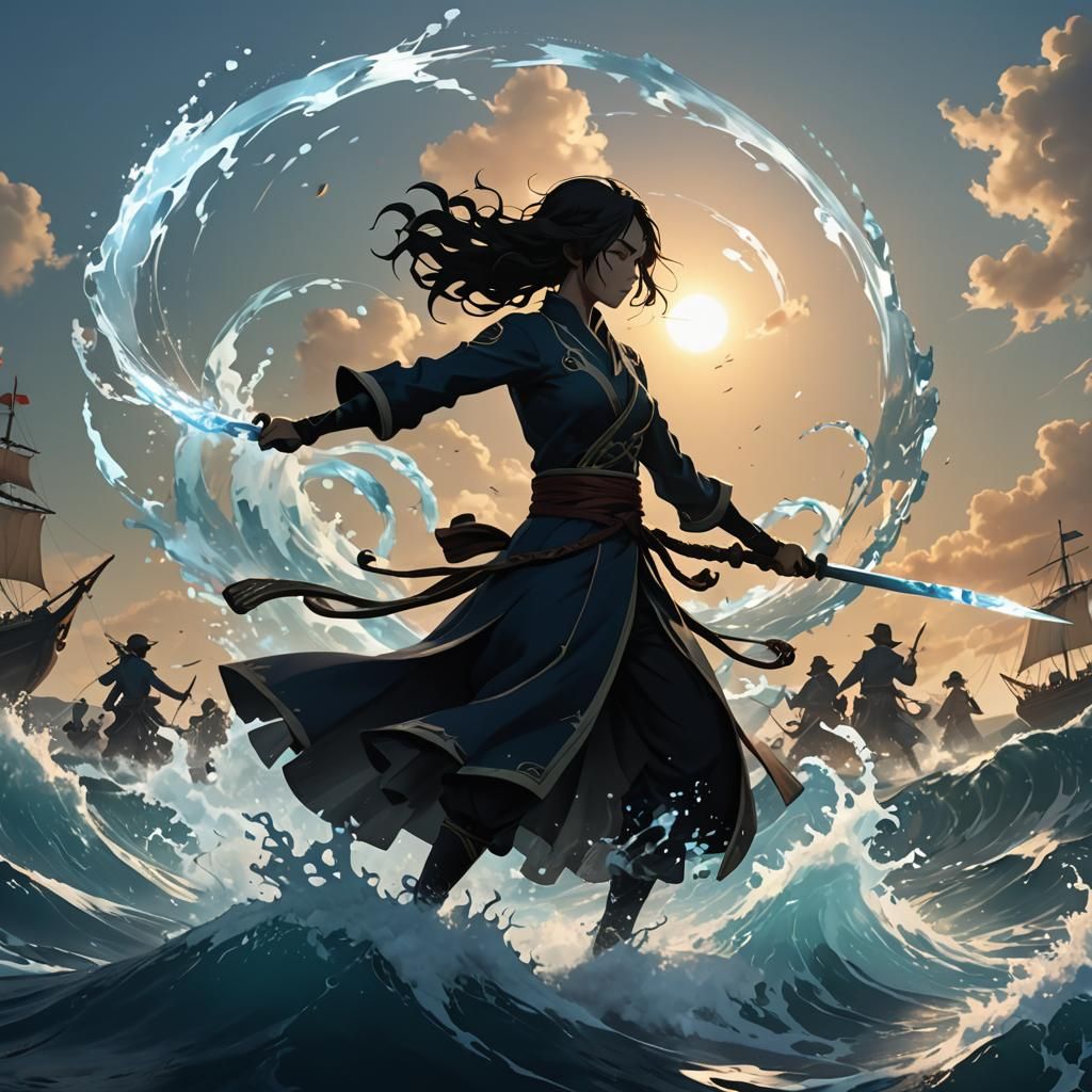 Woman Waterbender Silhouette in Anime Style