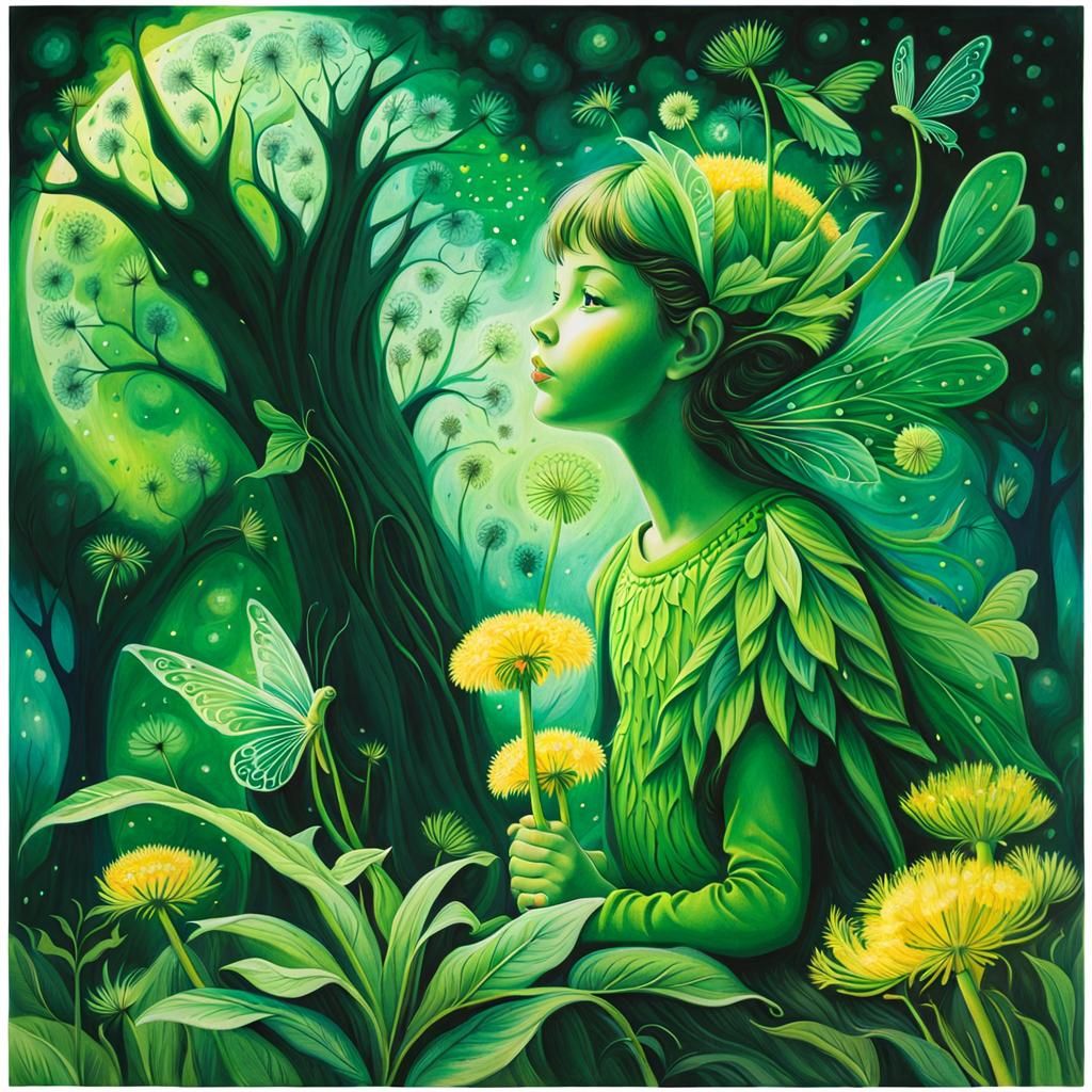 Fairies Under Dandelion Trees in Crayon Style
