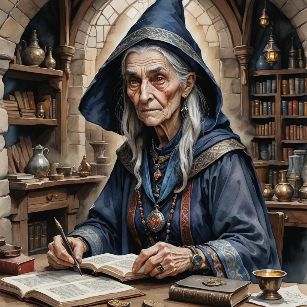 Divination Wizard in Eastern European Village as Watercolor