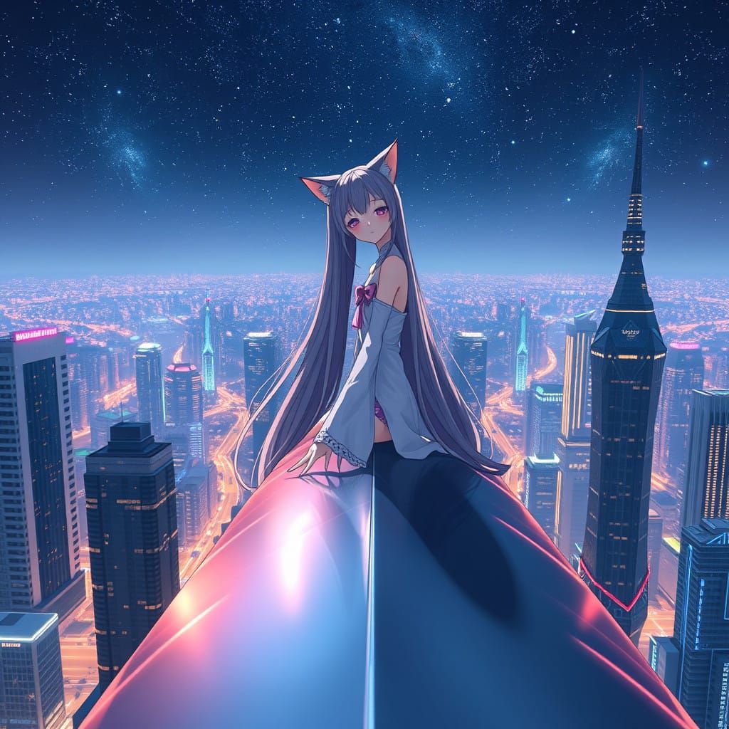 Cyberpunk Cat-Girl Basks in Futuristic Skyscraper Glow