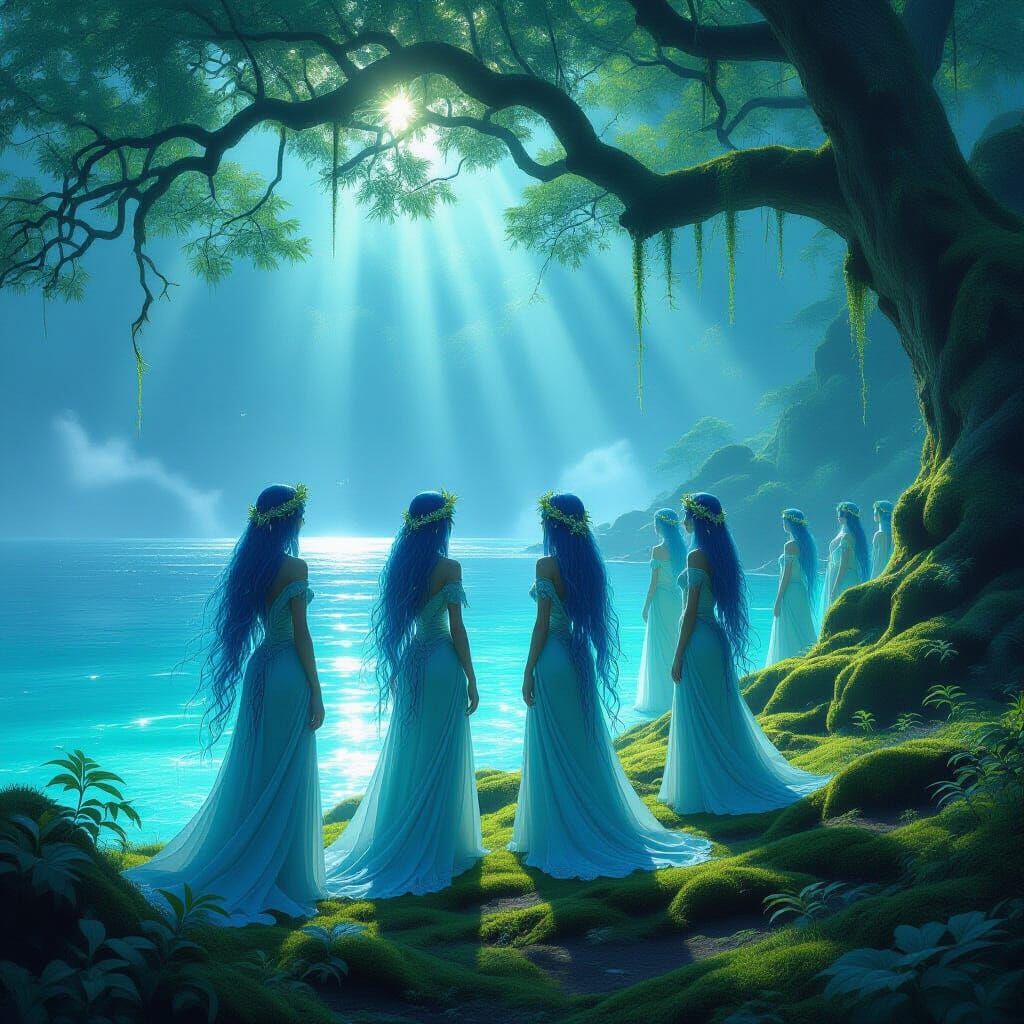 Ethereal Forest Beings Meet Bioluminescent Sea