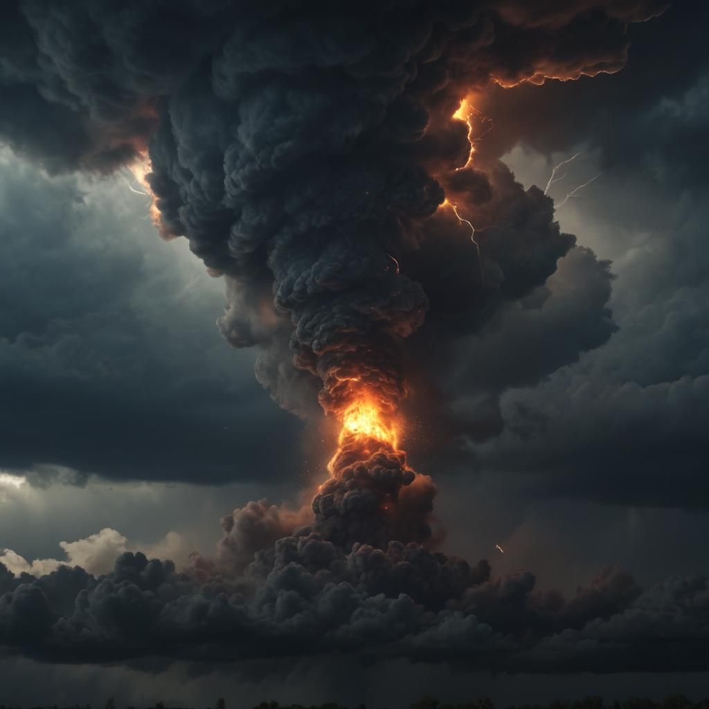 Violent Flame Tornado Under Dark Clouds