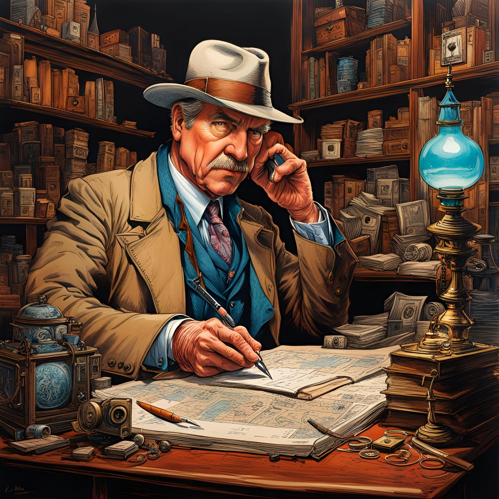 Retro Cartoon Detective in Hyper Detailed Color Drawing