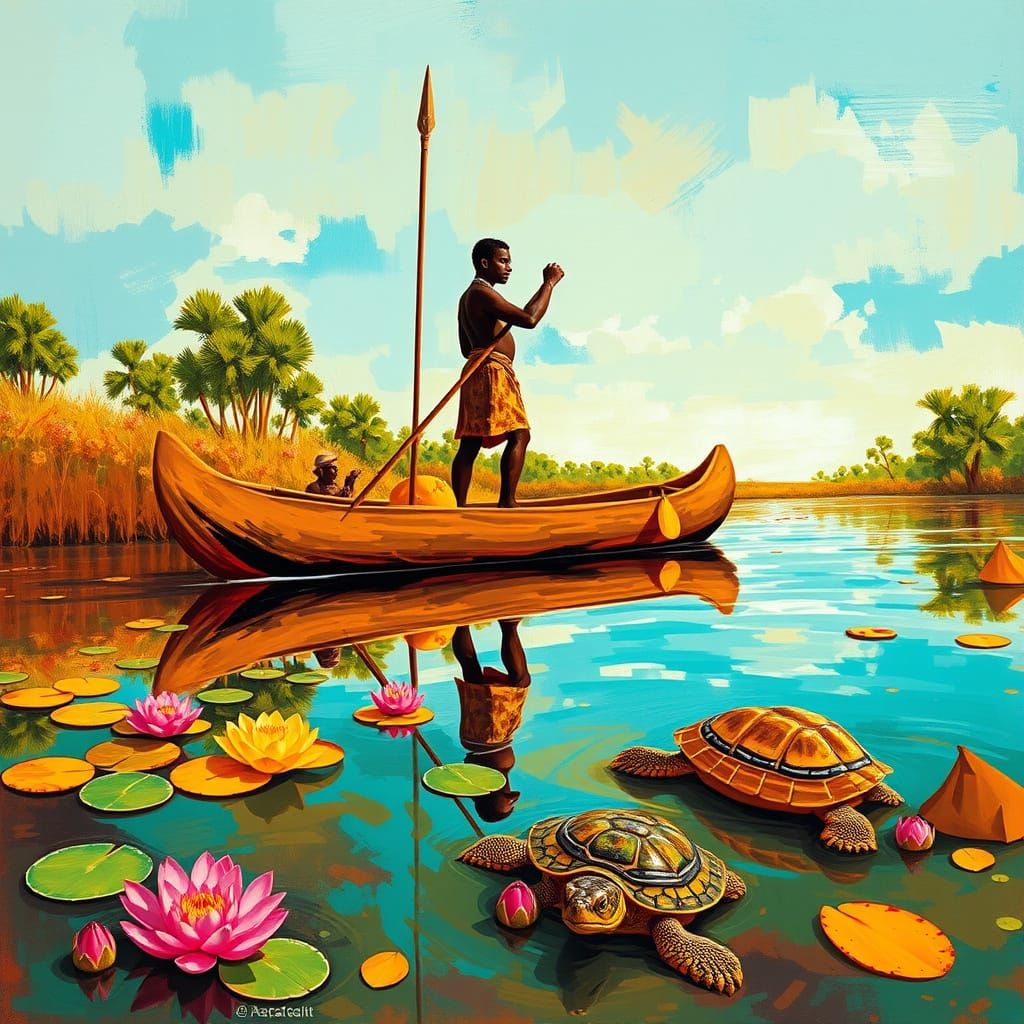 Australian Aboriginal Warrior in Traditional Dugout Canoe