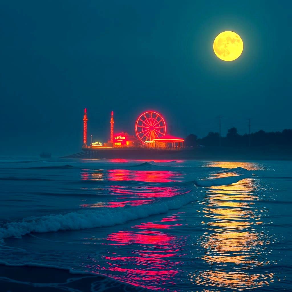 Amusement Park at Night on Seashore