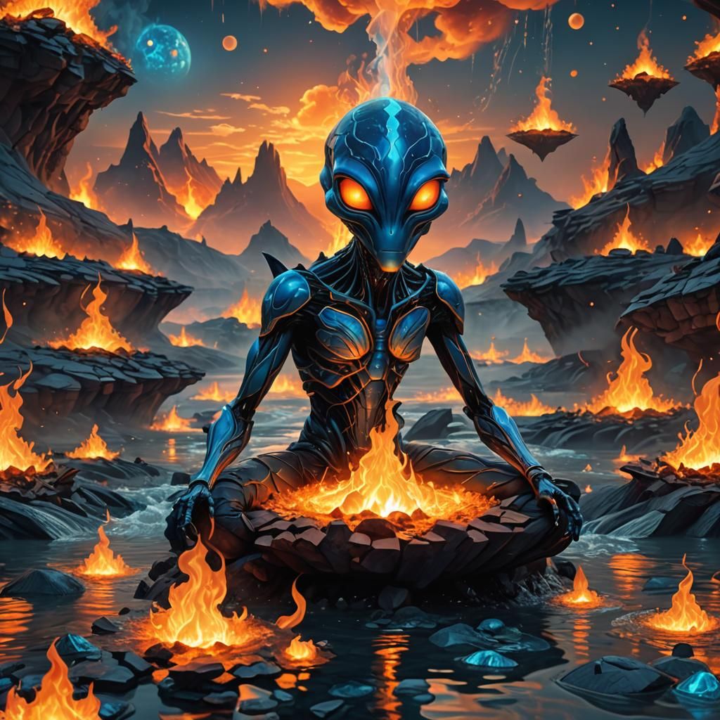 Alien Sunset on a Mythical World in Cubist Style