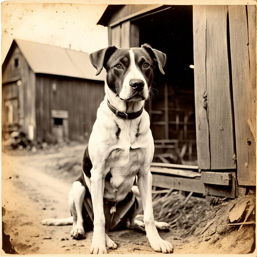 Antique Portrait of Dog in Frontier Setting