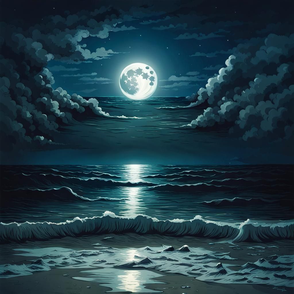 Moonlit Ocean Scene: A Serene AI Image