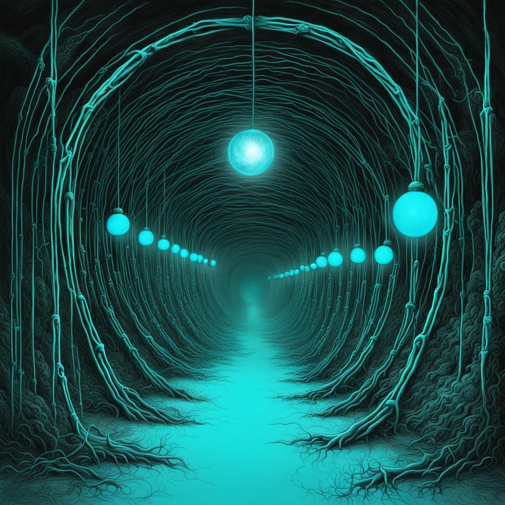 Glowing Neon Horror Eyeballs in Beksinski Tunnel