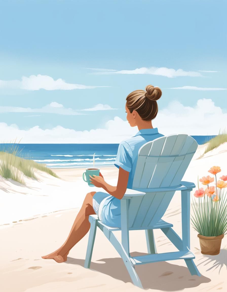 Serene Beach Scene with Woman in Adirondack Chair