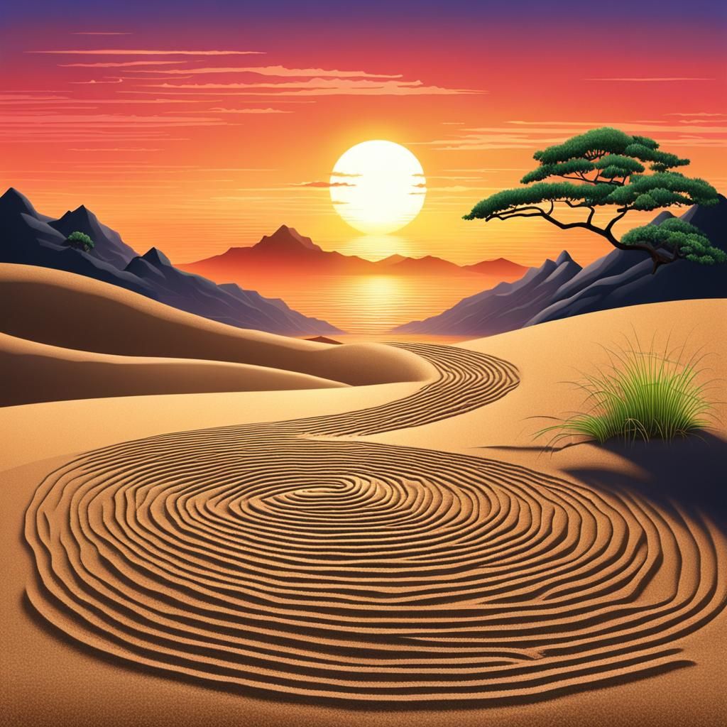 Zen Master Rakes Sand in Sunset Zen Garden
