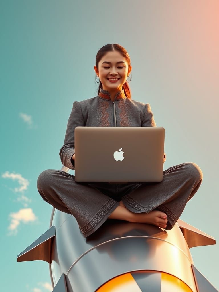 Central Asian Woman Meditates on Rocket in Sky with Laptop