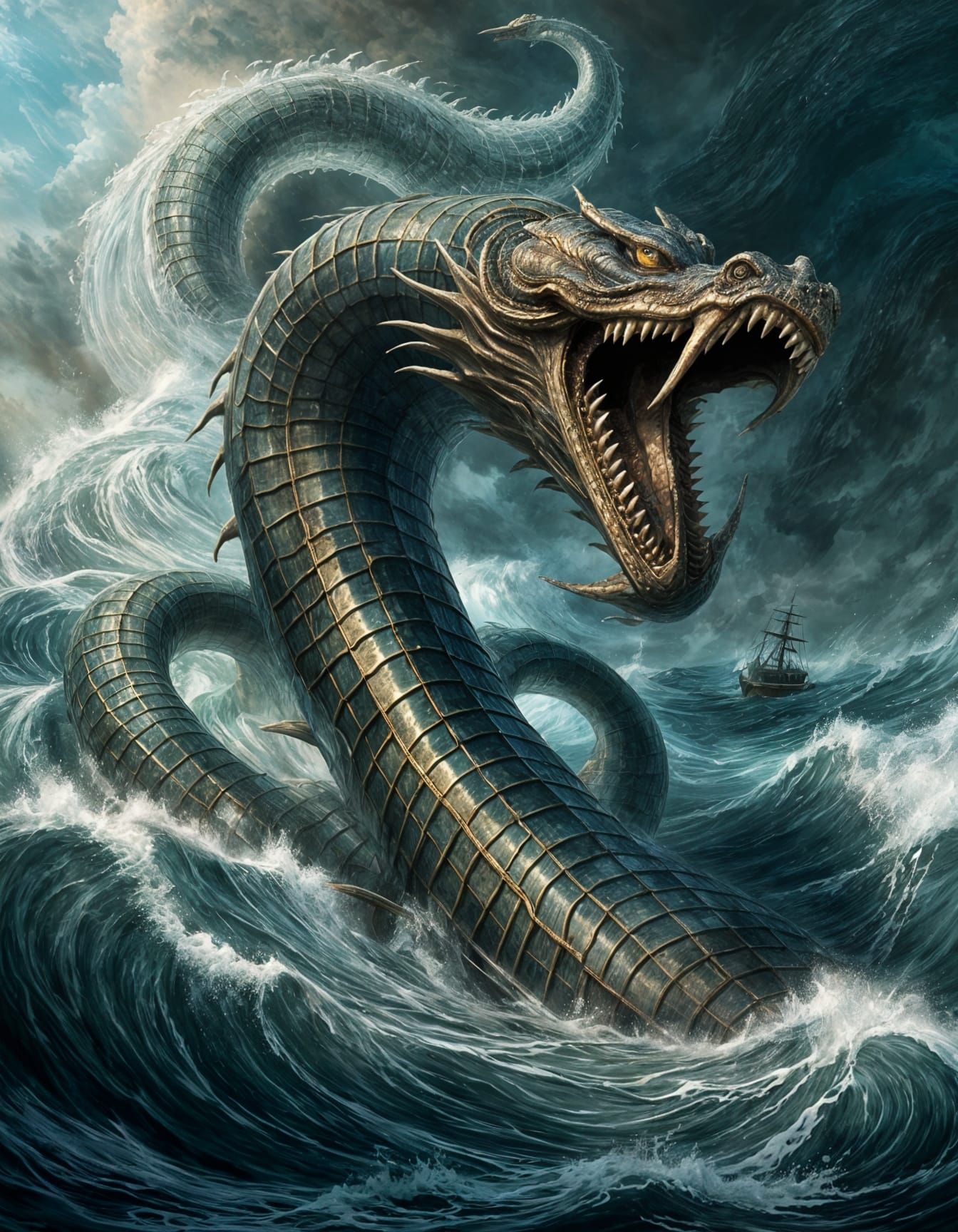 Sea Serpent's Attack: Galleon Pulled Under Waves