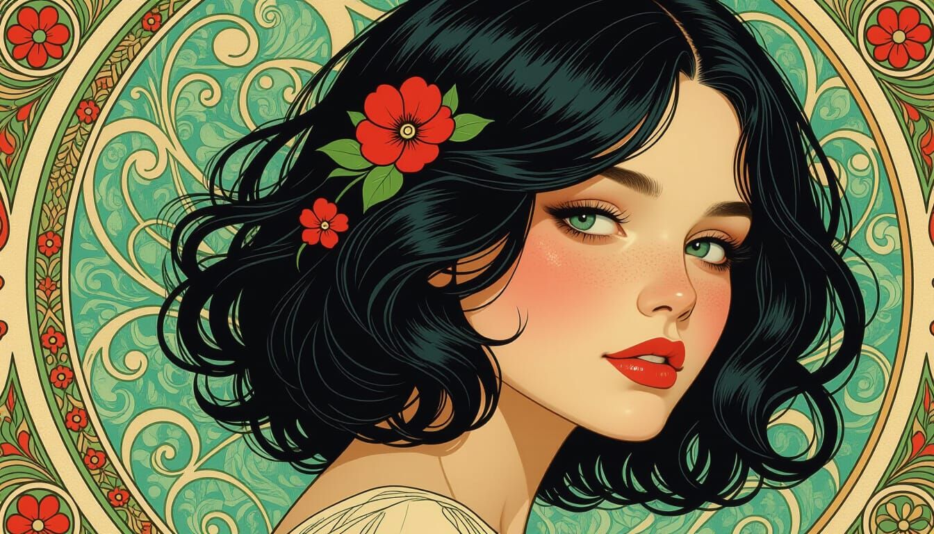 Beautiful Woman with Flowers in Art Nouveau Style