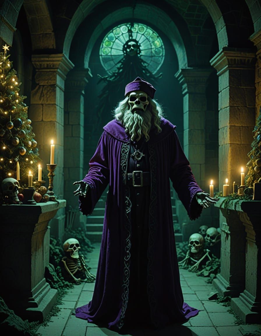 Skeletal Santa Sings Carols in Haunted Crypt